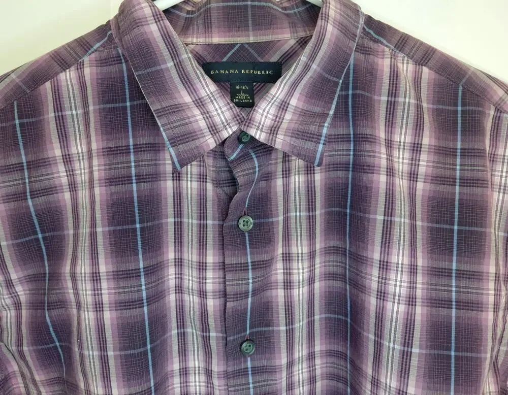 Banana Republic Mens Large Plaid Button Up Shirt 16-16.5 Purple Ombre 100 Cotton